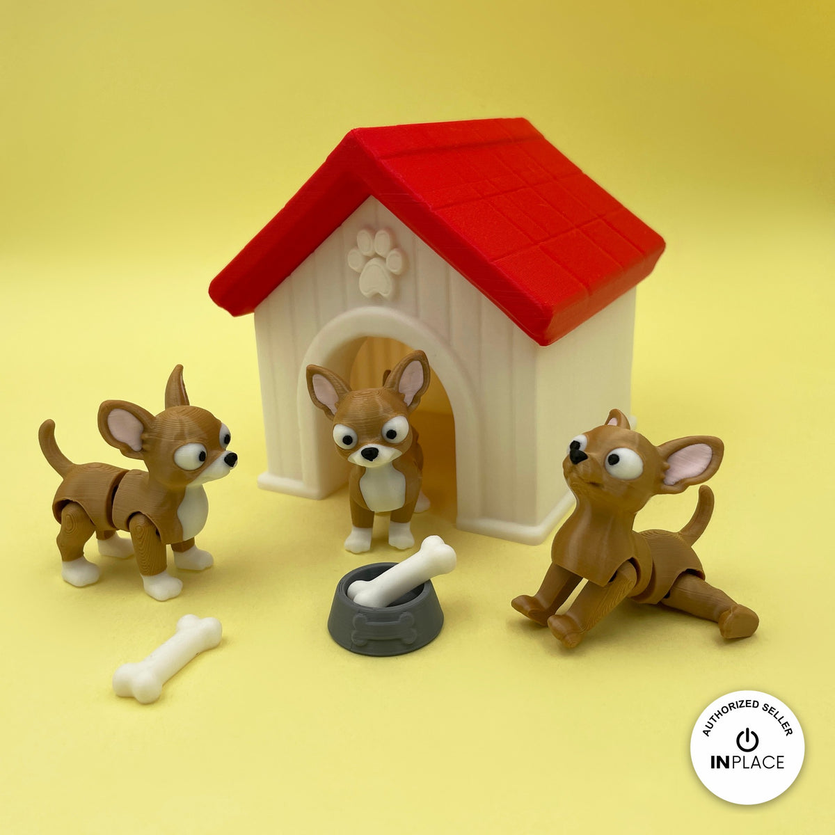 3D printed dog house platform by RU3D, shown with the Chihuahua keychain