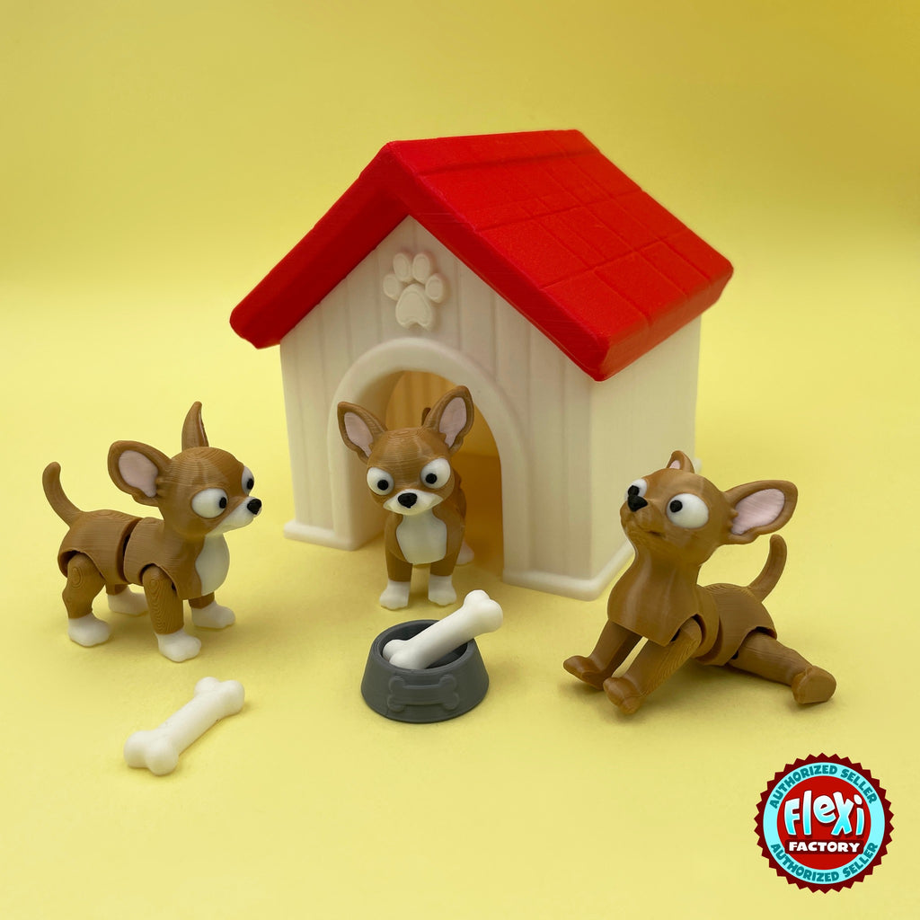 Cute chihuahua keychain, 3D printed by RU3D – chihuahuas with dog house and bones. Tan and white with red-roof dog house playset.