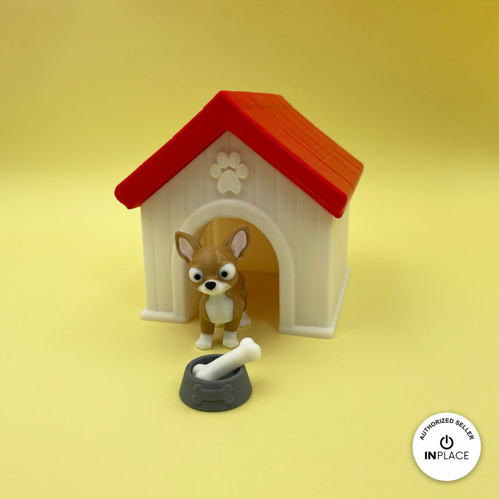 3D printed dog house platform by RU3D, shown with the Chihuahua keychain