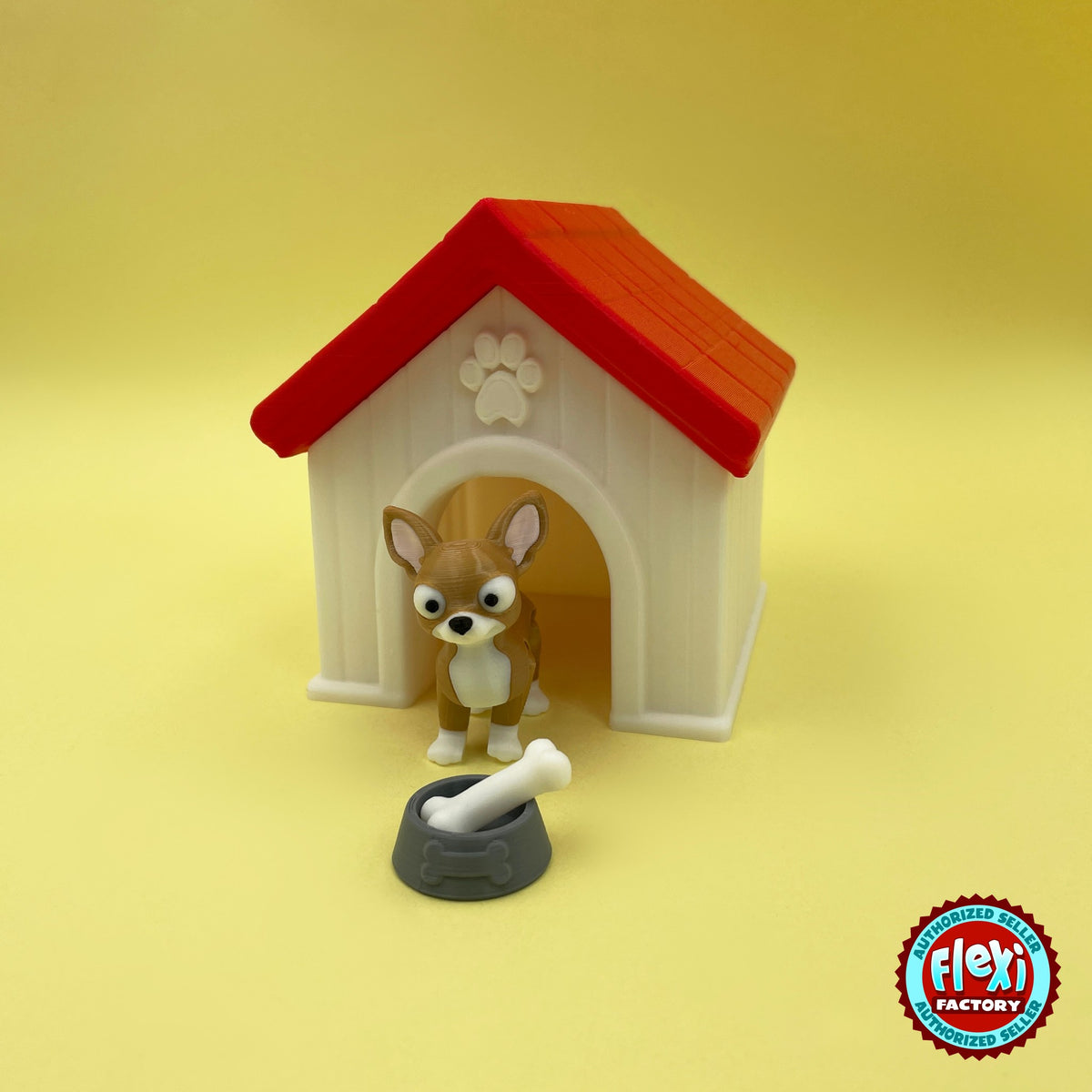 Cute chihuahua keychain, 3D printed by RU3D – in dog house front view. Tan and white with red-roof dog house playset.