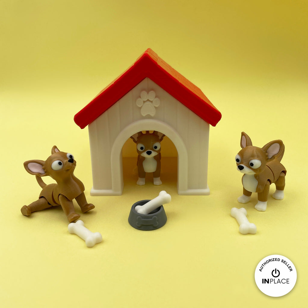 3D printed dog house platform by RU3D, shown with the Chihuahua keychain