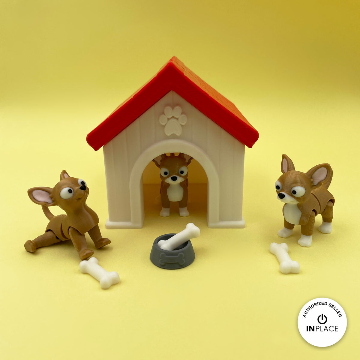 3D printed dog house platform by RU3D, shown with the Chihuahua keychain