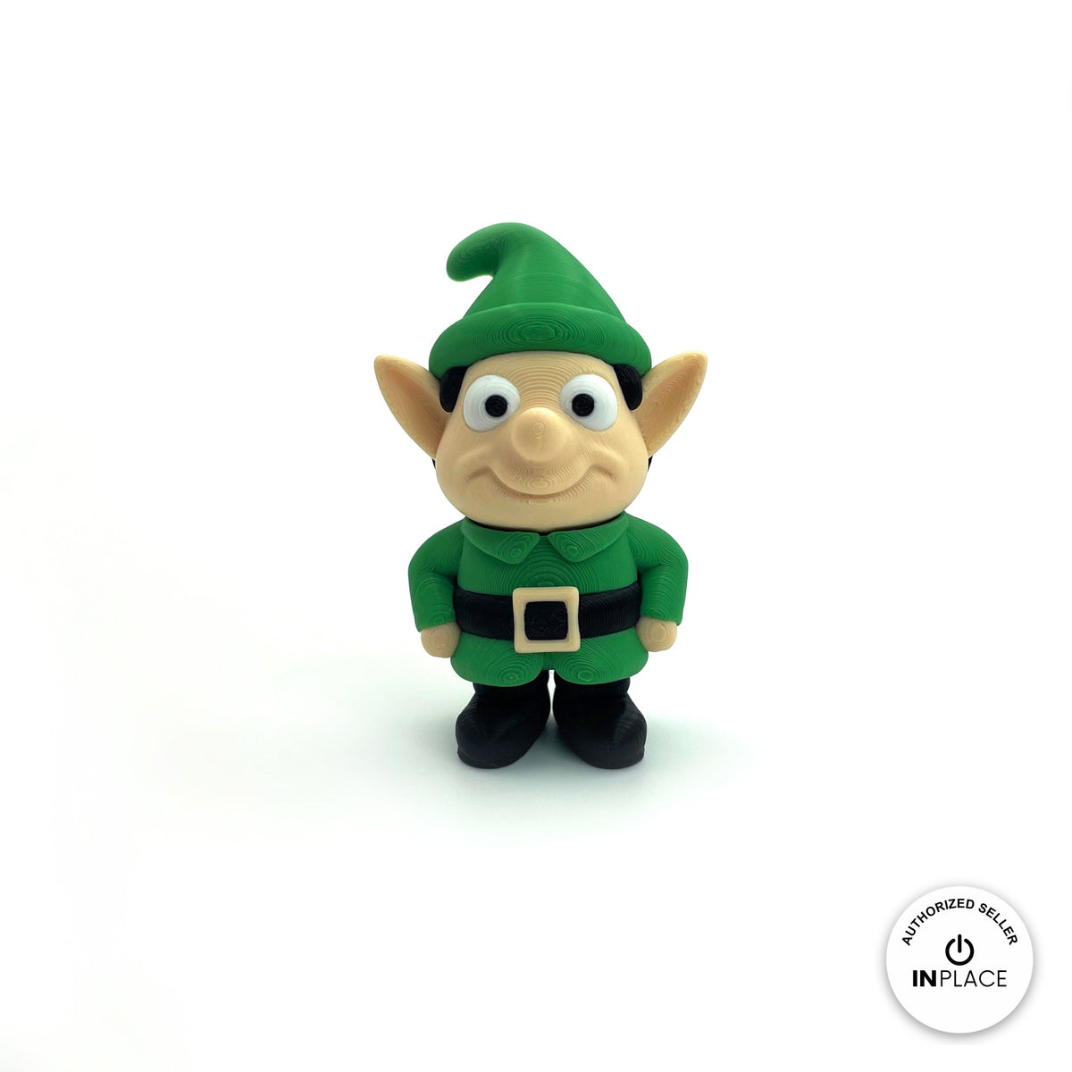 Cute Christmas elf keychain, 3D printed by RU3D – front view. Green outfit and hat, also in red.