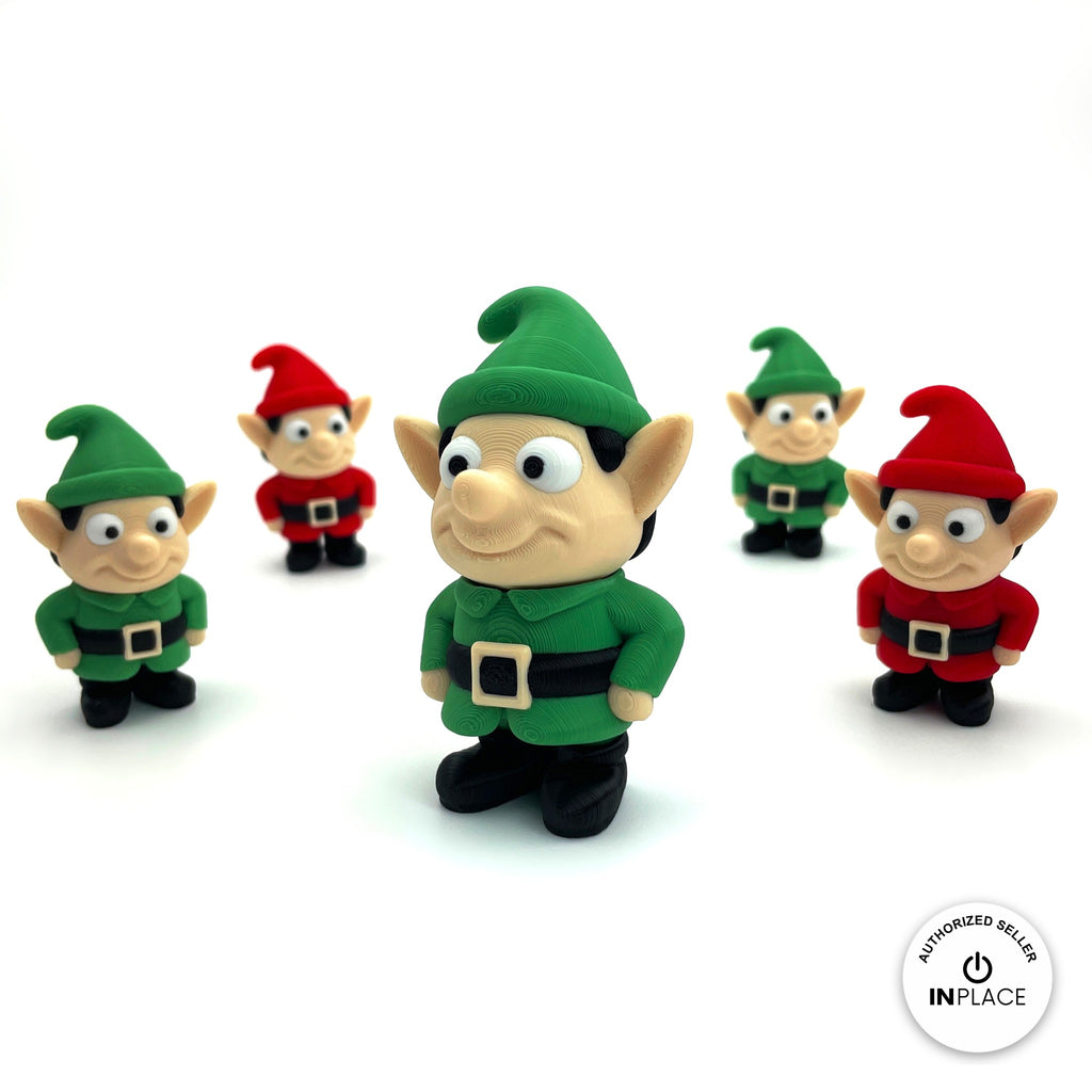 Cute Christmas elf keychain, 3D printed by RU3D – group of green and red elves. Green outfit and hat, also in red.