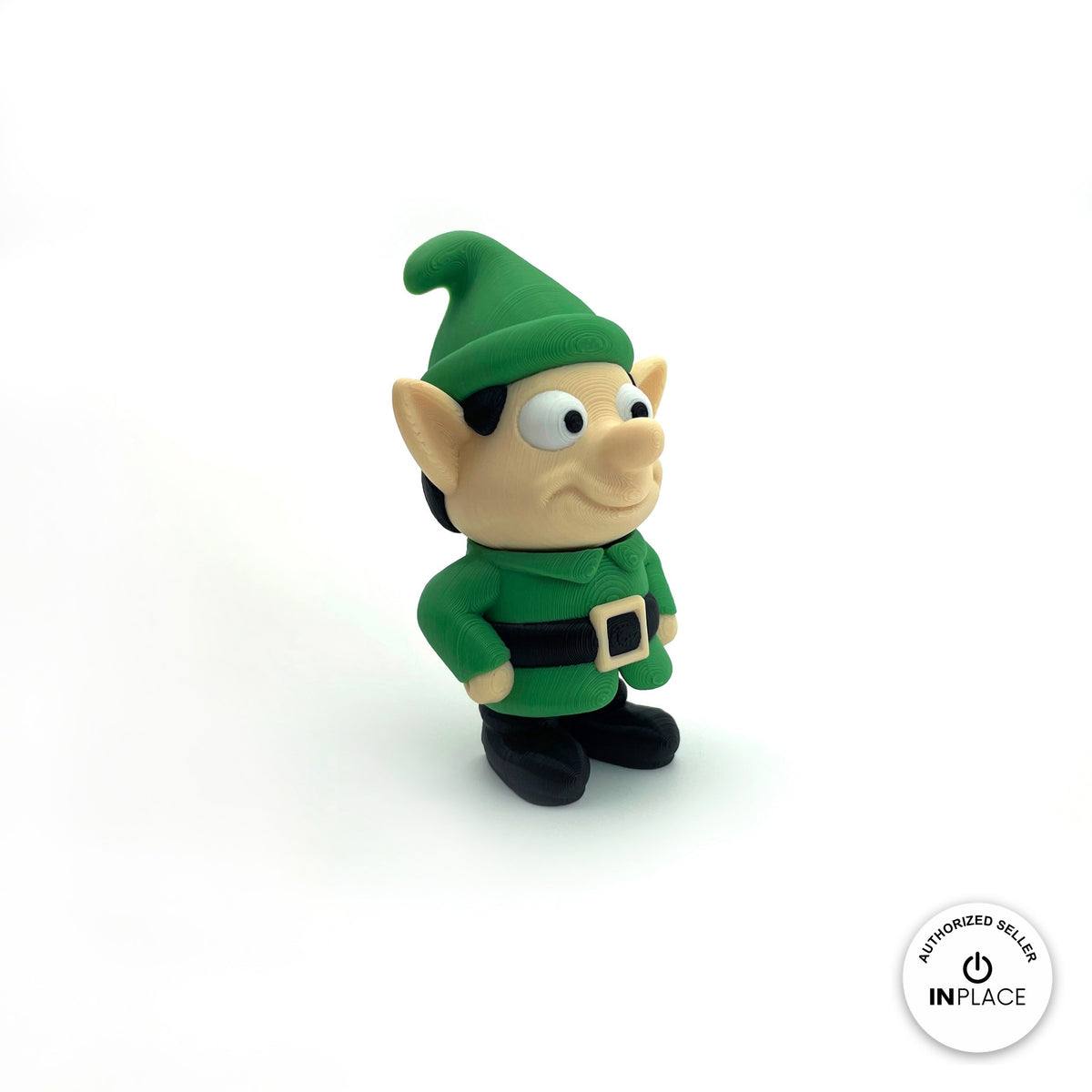 Cute Christmas elf keychain, 3D printed by RU3D – side view facing right. Green outfit and hat, also in red.