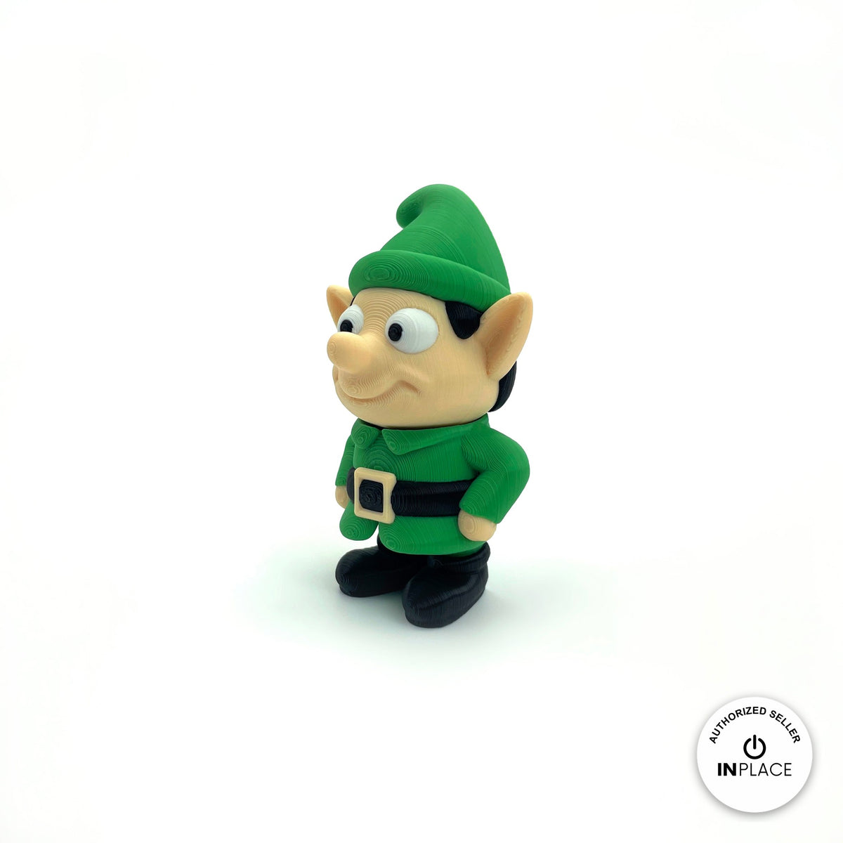 Cute Christmas elf keychain, 3D printed by RU3D – three quarter view facing left. Green outfit and hat, also in red.