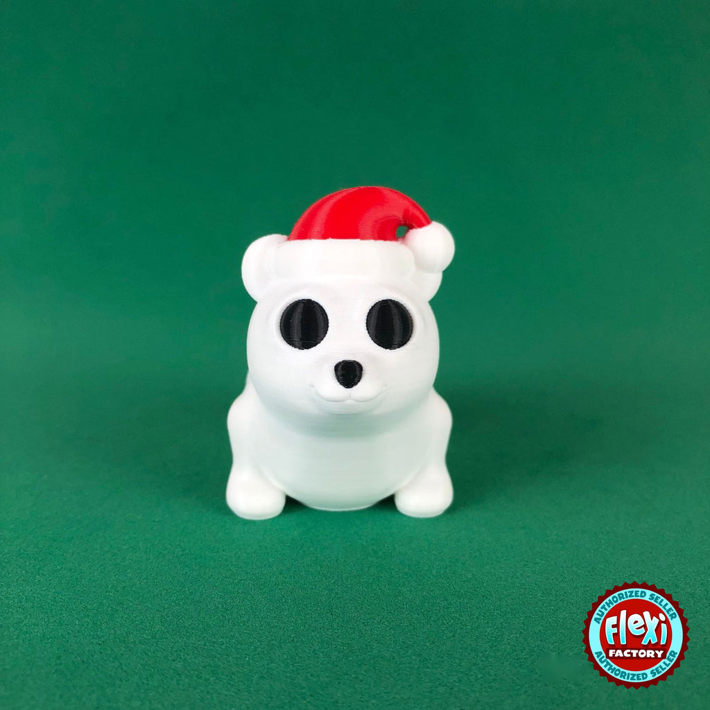 Cute Christmas polar bear keychain, 3D printed by RU3D – dark eyes front view. White with red Santa hat.