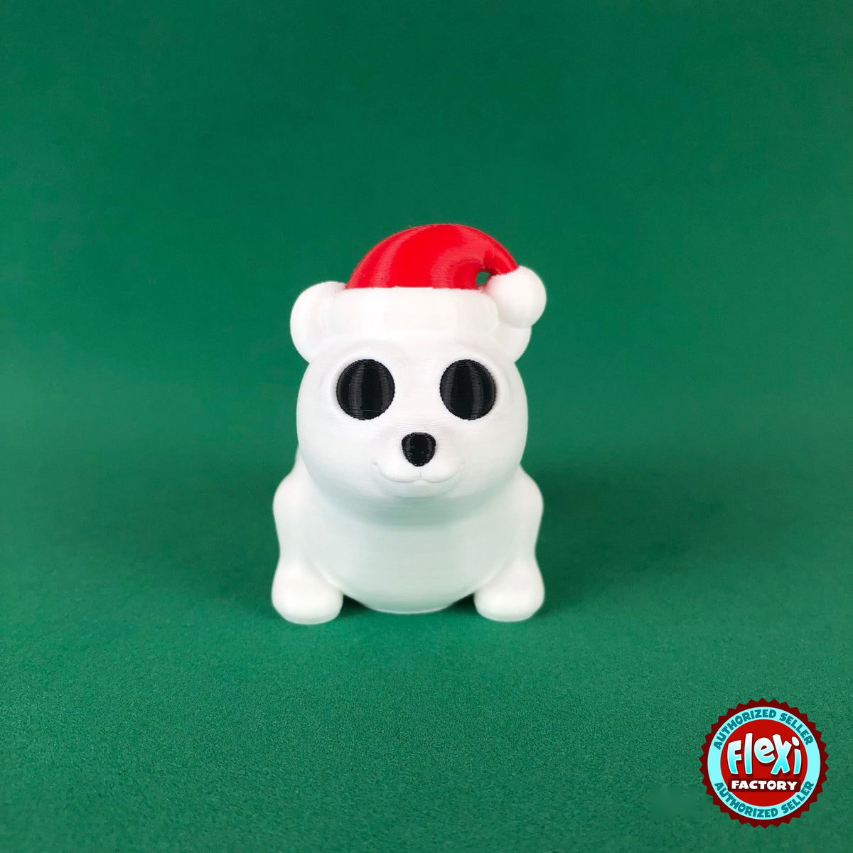 Cute Christmas polar bear keychain, 3D printed by RU3D – dark eyes front view. White with red Santa hat.