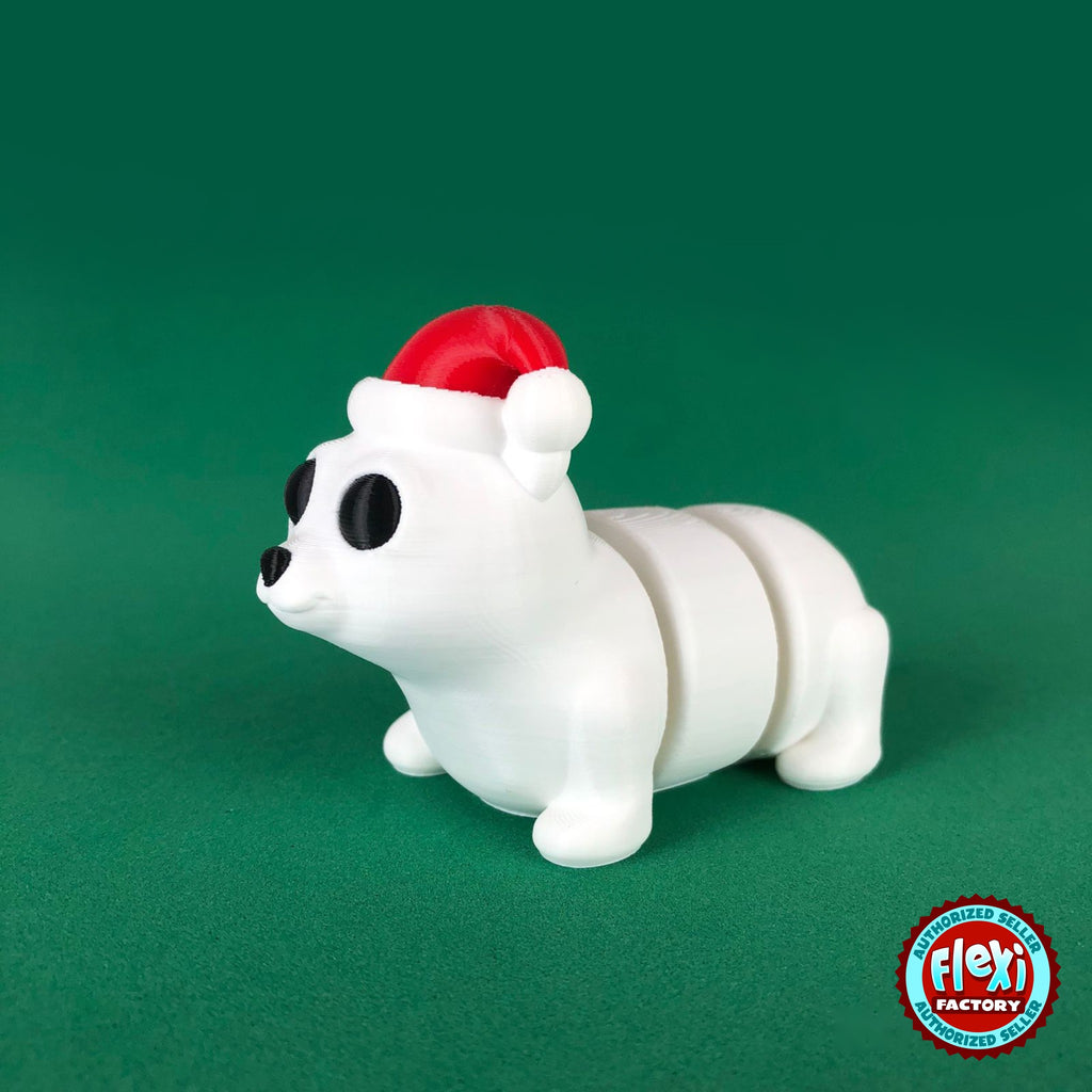 Cute Christmas polar bear keychain, 3D printed by RU3D – dark eyes three quarter view facing left. White with red Santa hat.