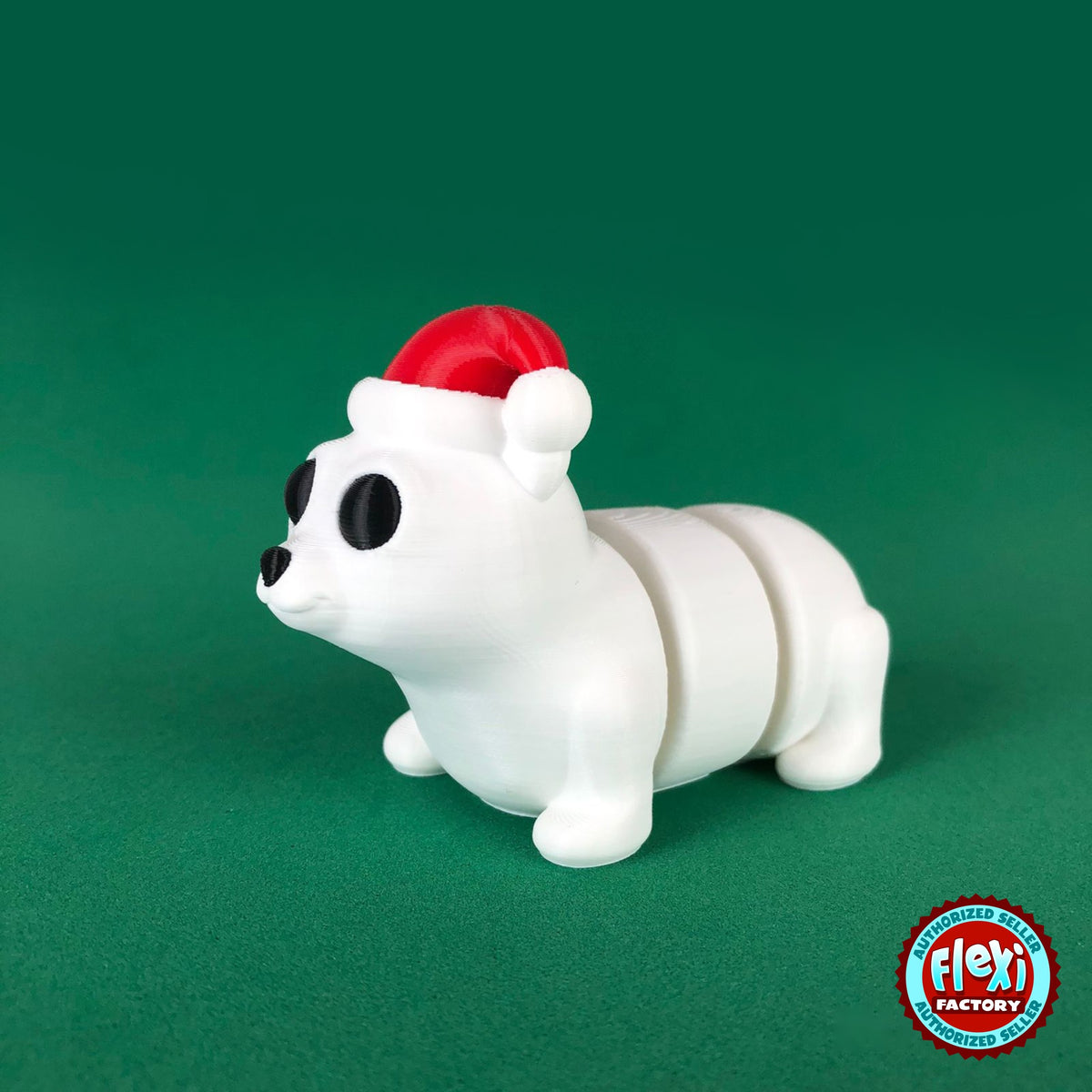 Cute Christmas polar bear keychain, 3D printed by RU3D – dark eyes three quarter view facing left. White with red Santa hat.