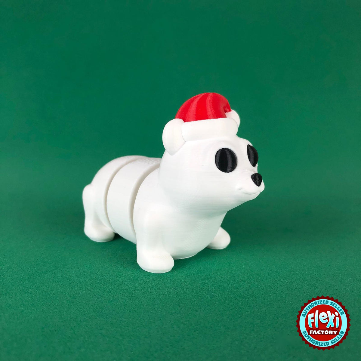 Cute Christmas polar bear keychain, 3D printed by RU3D – dark eyes three quarter view facing right. White with red Santa hat.