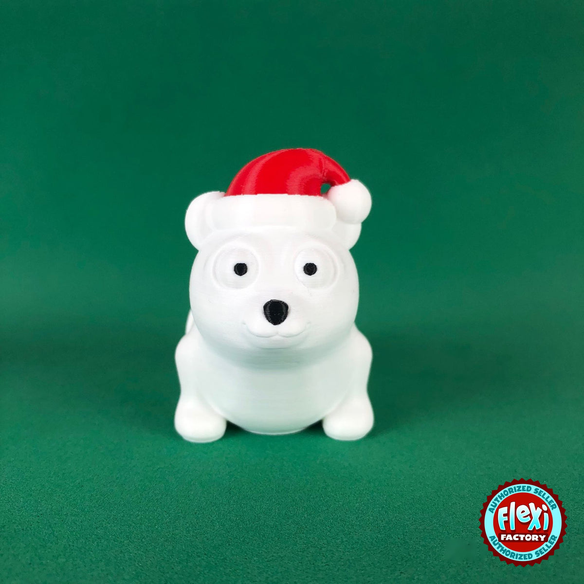 Cute Christmas polar bear keychain, 3D printed by RU3D – front view. White with red Santa hat.