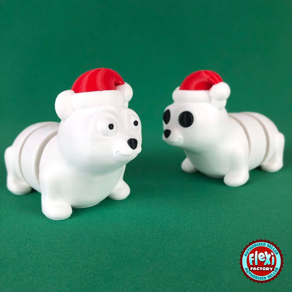 Cute Christmas polar bear keychain, 3D printed by RU3D – pair of Christmas polar bears. White with red Santa hat.