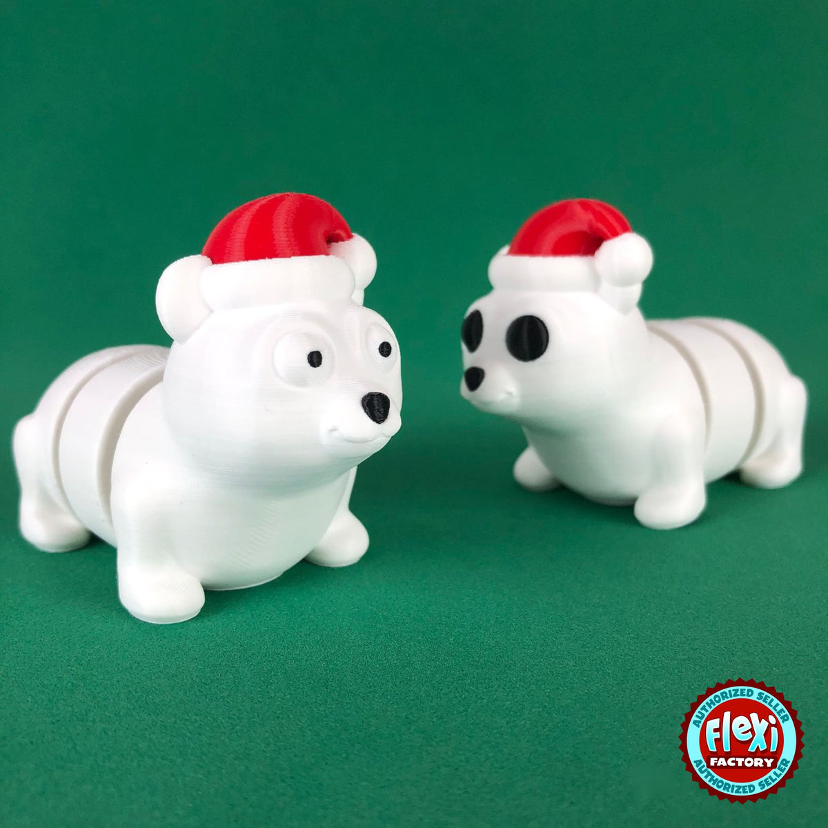 Cute Christmas polar bear keychain, 3D printed by RU3D – pair of Christmas polar bears. White with red Santa hat.