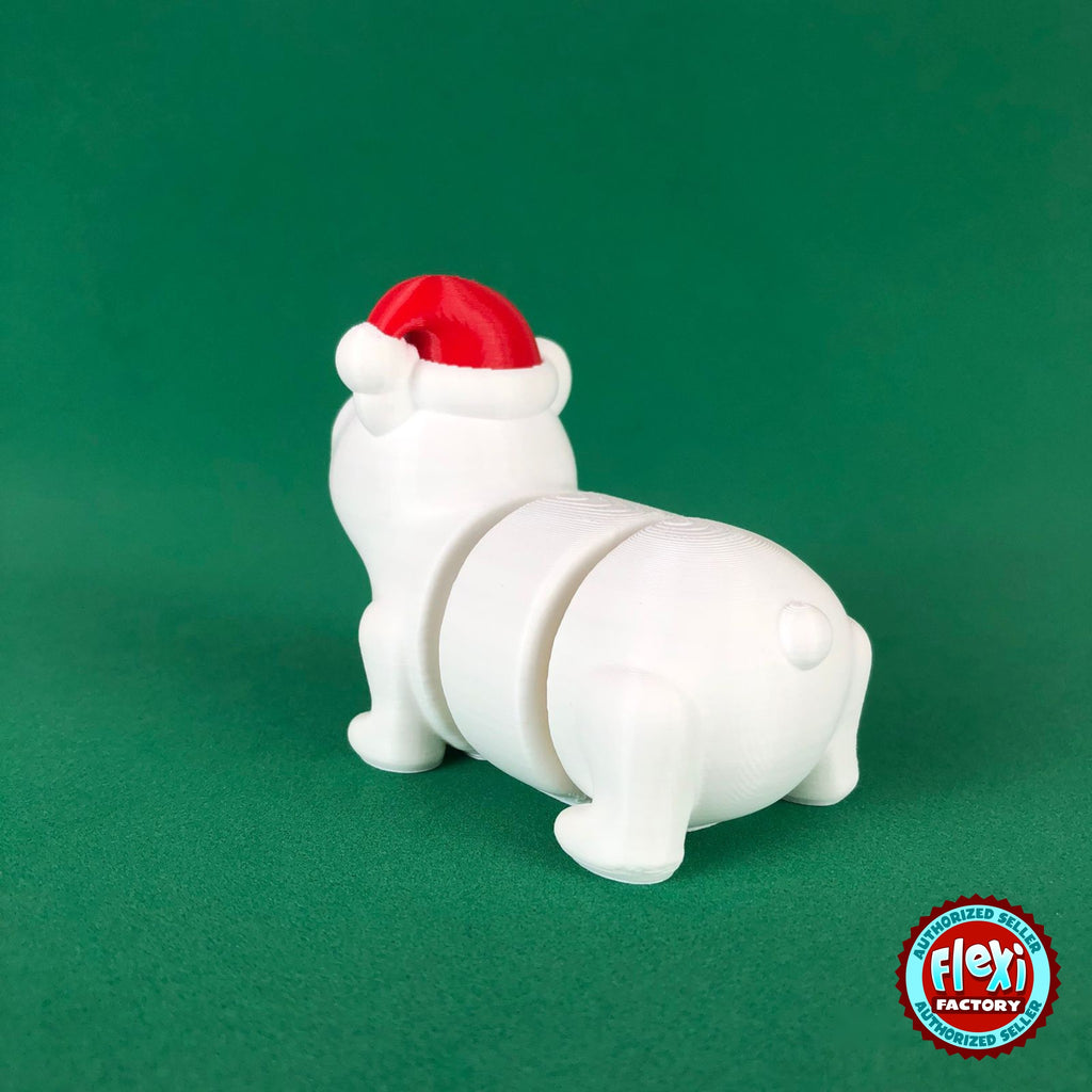 Cute Christmas polar bear keychain, 3D printed by RU3D – rear view. White with red Santa hat.