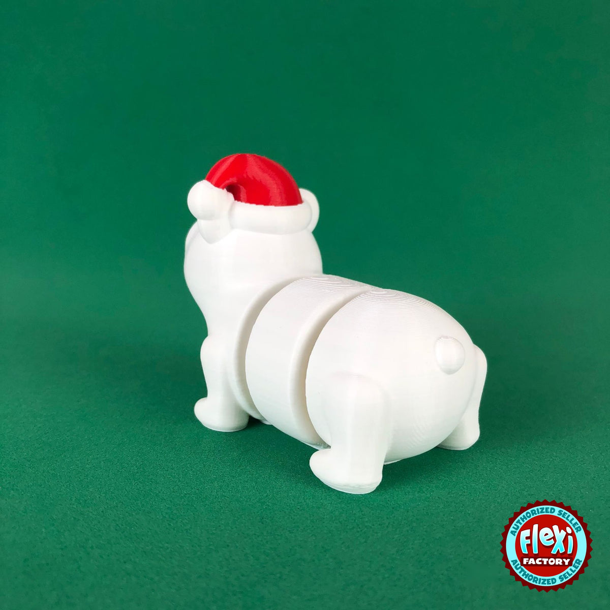 Cute Christmas polar bear keychain, 3D printed by RU3D – rear view. White with red Santa hat.