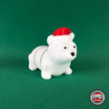 Cute Christmas polar bear keychain, 3D printed by RU3D – three quarter view facing right. White with red Santa hat.