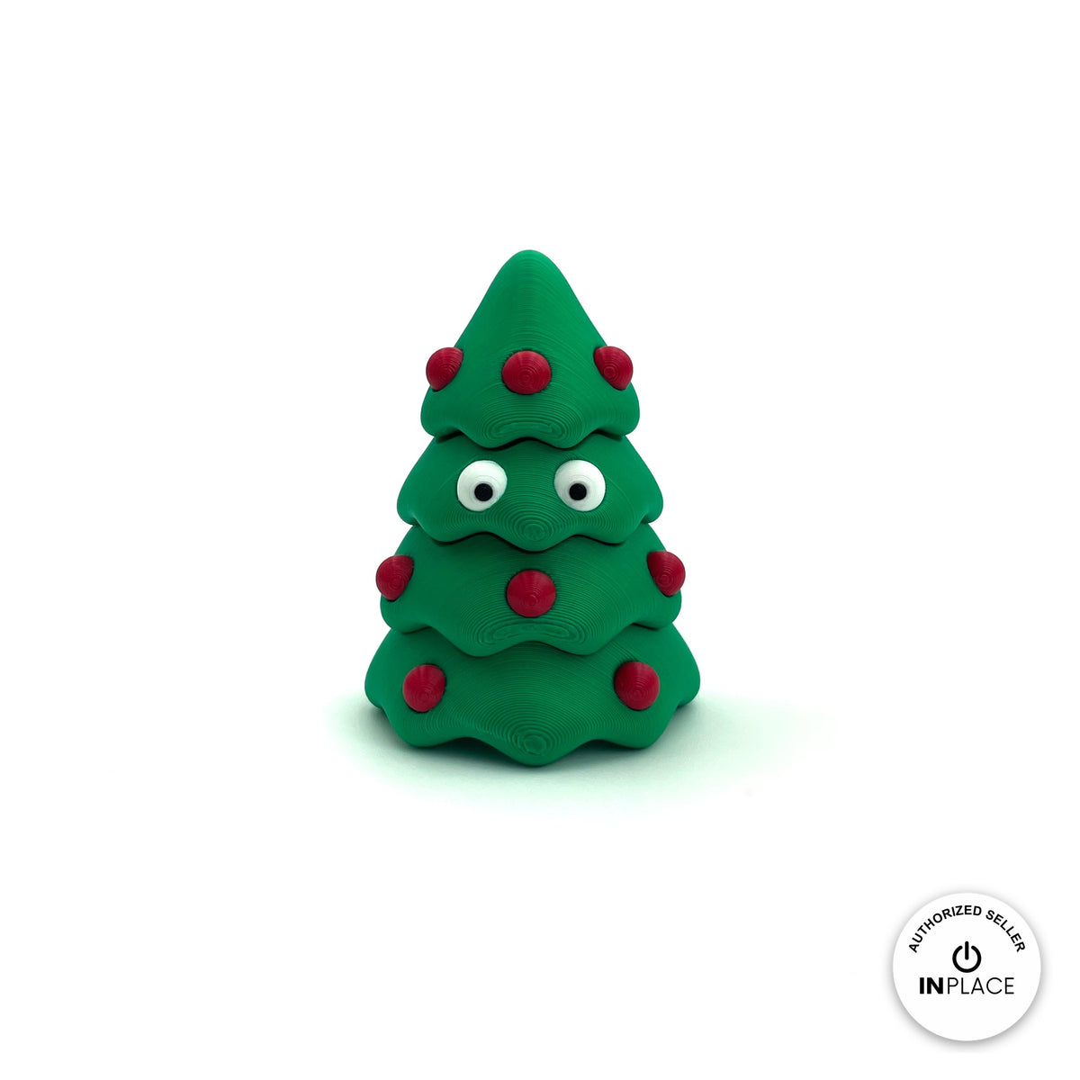 Cute Christmas tree keychain, 3D printed by RU3D – front view with eyes. Green with red baubles and yellow star.