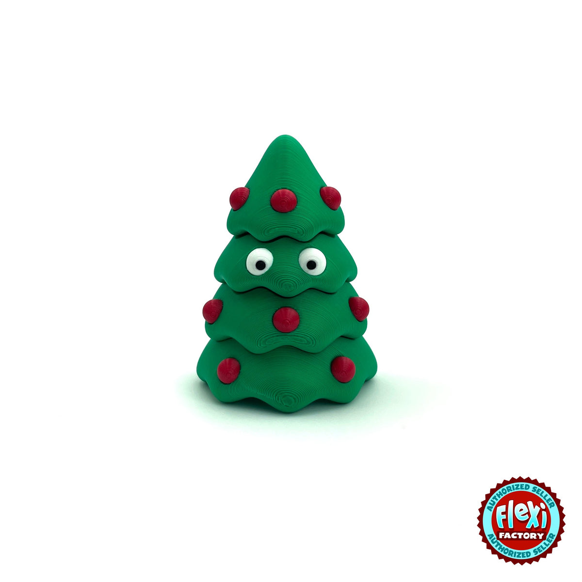 Cute Christmas tree keychain, 3D printed by RU3D – front view with eyes. Green with red baubles and yellow star.
