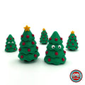 Cute Christmas tree keychain, 3D printed by RU3D – group of Christmas trees. Green with red baubles and yellow star.