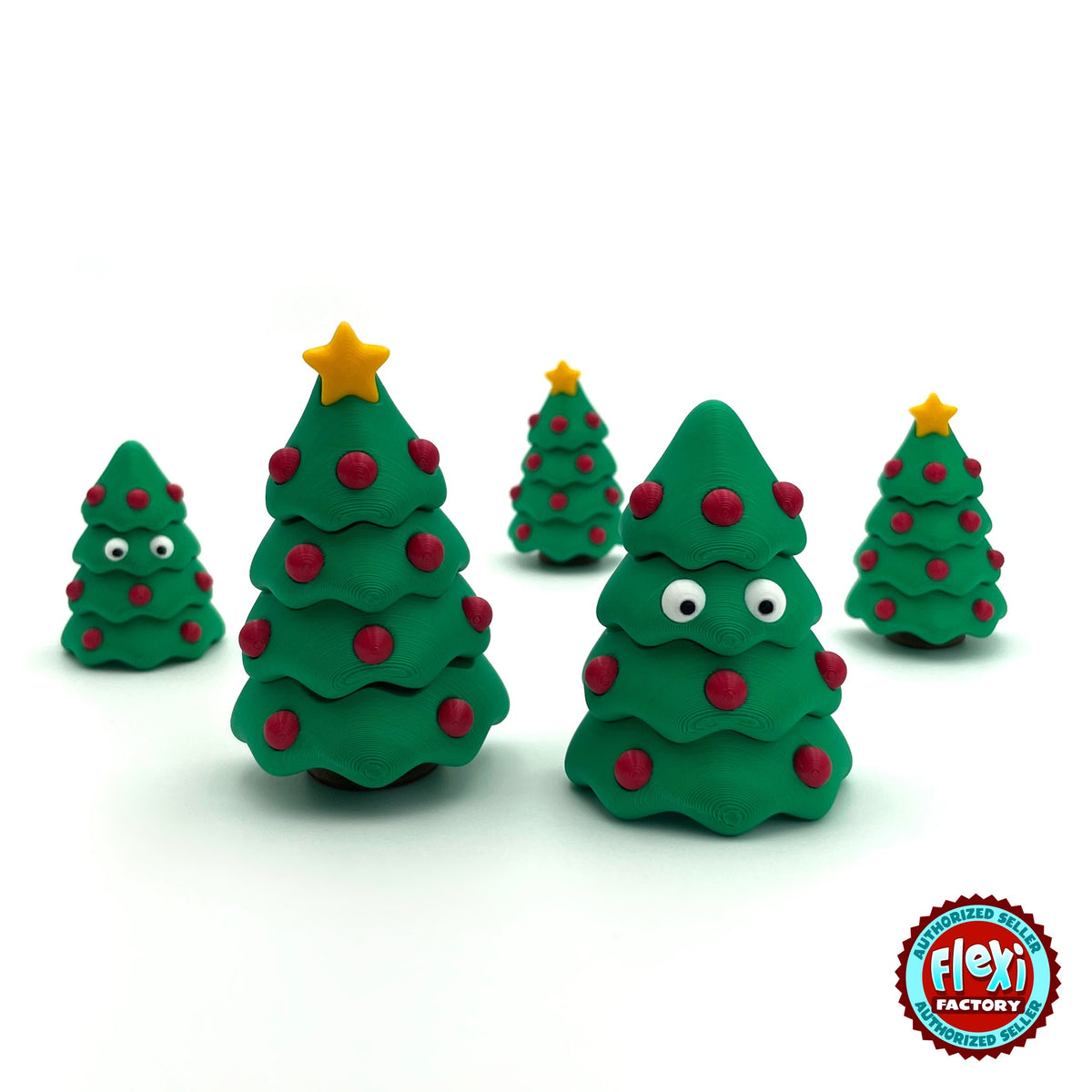 Cute Christmas tree keychain, 3D printed by RU3D – group of Christmas trees. Green with red baubles and yellow star.