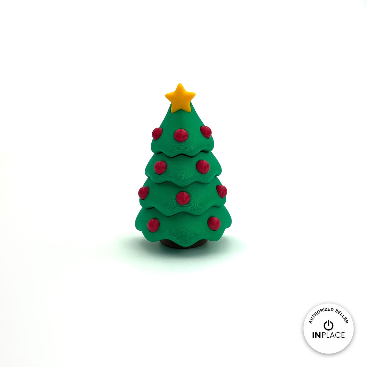 Cute Christmas tree keychain, 3D printed by RU3D – with gold star topper. Green with red baubles and yellow star.