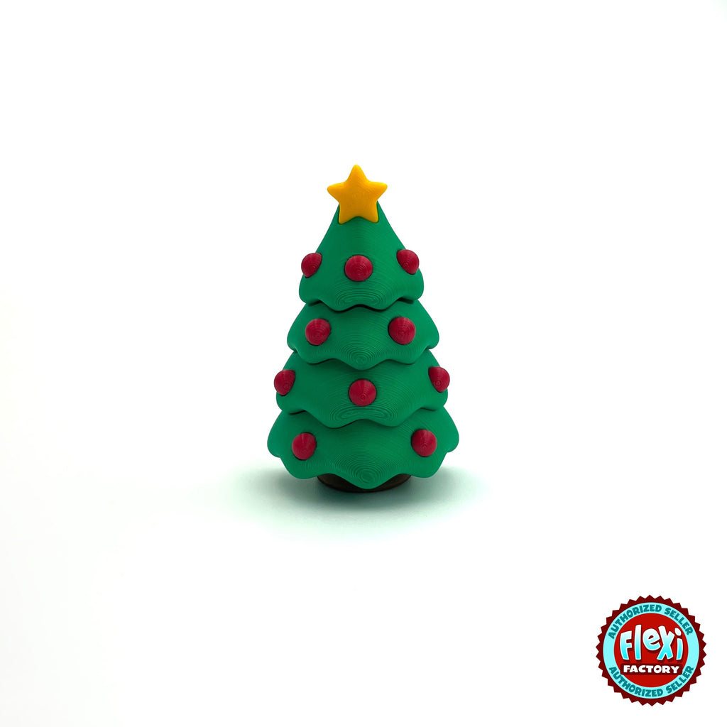 Cute Christmas tree keychain, 3D printed by RU3D – with gold star topper. Green with red baubles and yellow star.