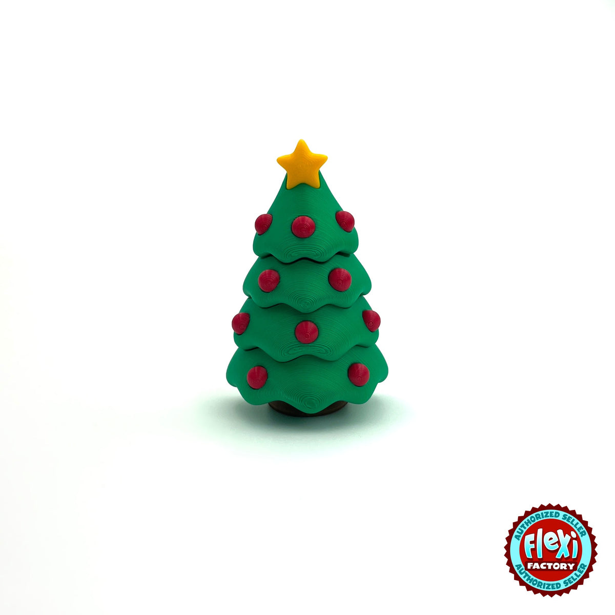 Cute Christmas tree keychain, 3D printed by RU3D – with gold star topper. Green with red baubles and yellow star.