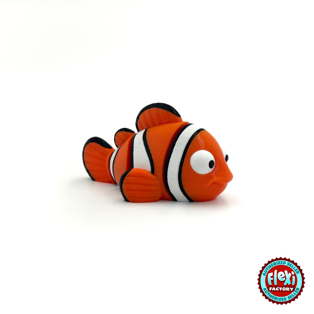 Cute clownfish keychain, 3D printed by RU3D – three quarter view facing right. Orange with white and black stripes.