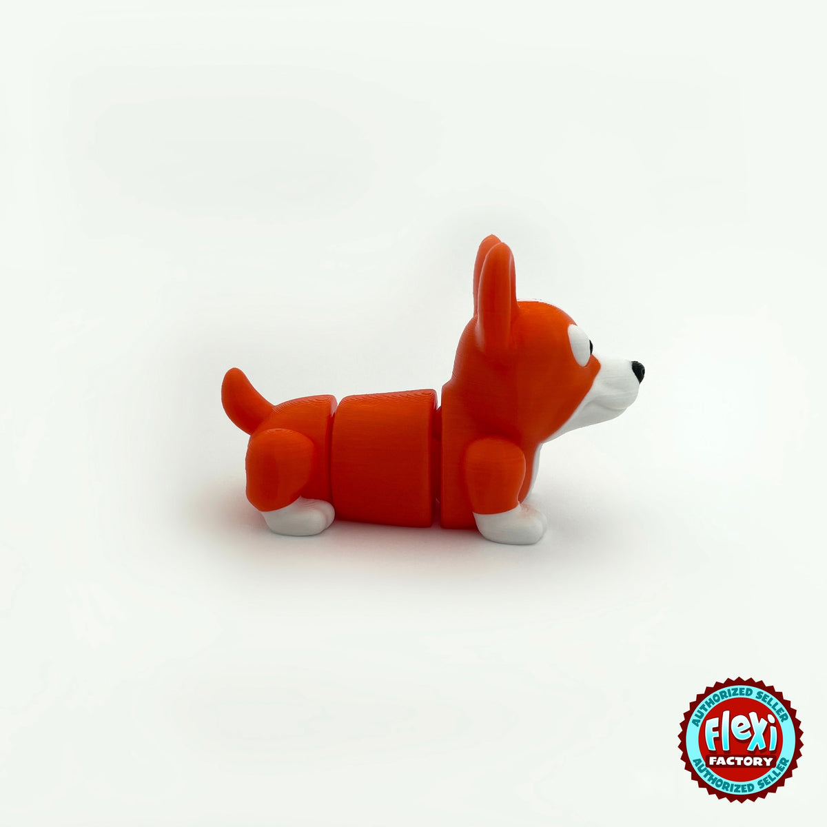 Cute corgi keychain, 3D printed by RU3D – side view facing right. Orange and white.