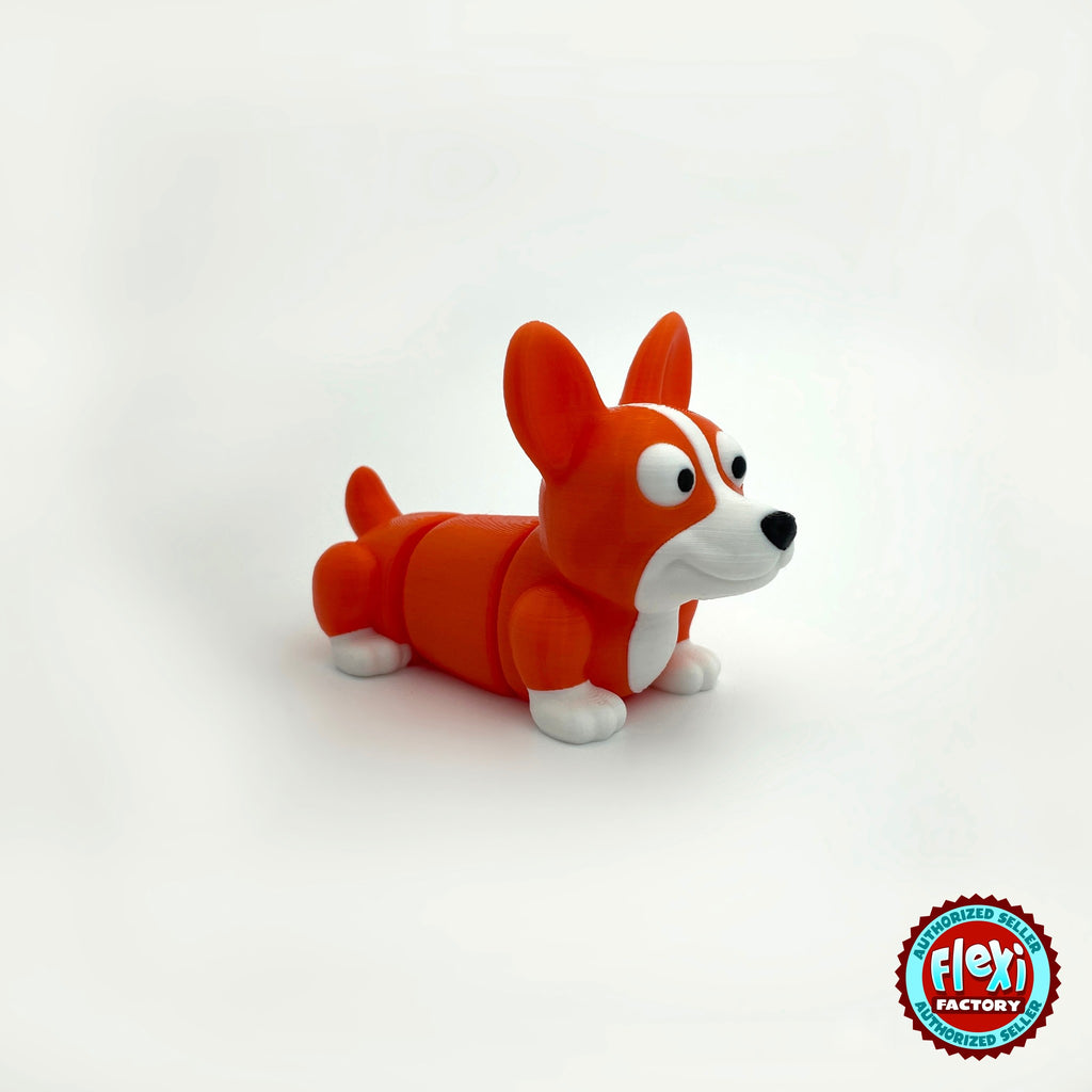 Cute corgi keychain, 3D printed by RU3D – three quarter view facing right. Orange and white.