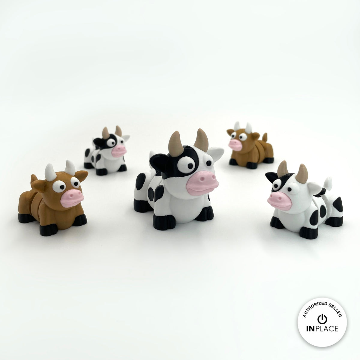 Cute cow keychain, 3D printed by RU3D – group of cows. Black and white dairy cow with pink nose.