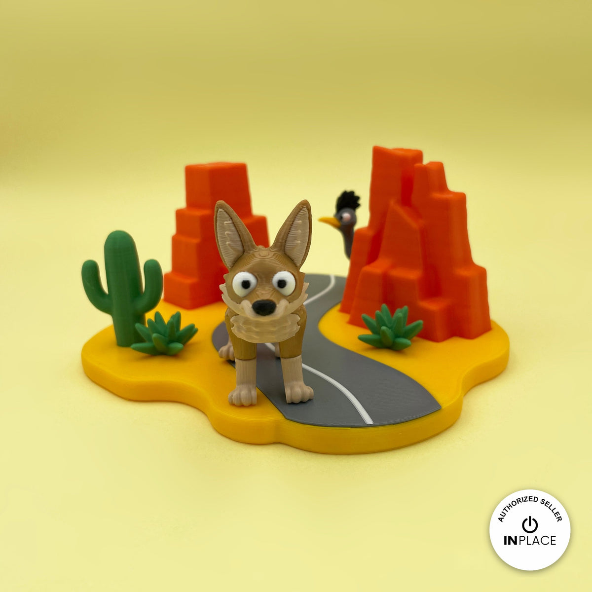 3D printed desert highway platform by RU3D, shown with the Coyote keychain