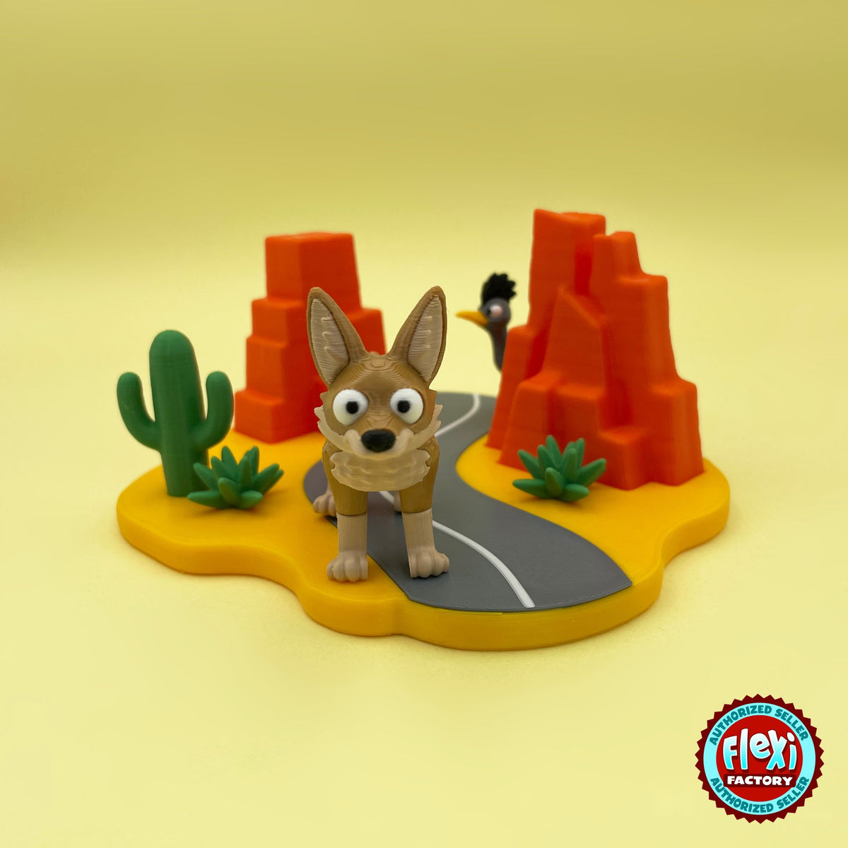 Cute coyote keychain, 3D printed by RU3D – front view with desert highway playset. Tan brown with desert highway playset.