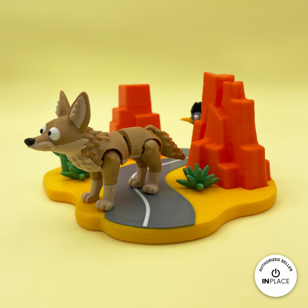 3D printed desert highway platform by RU3D, shown with the Coyote keychain