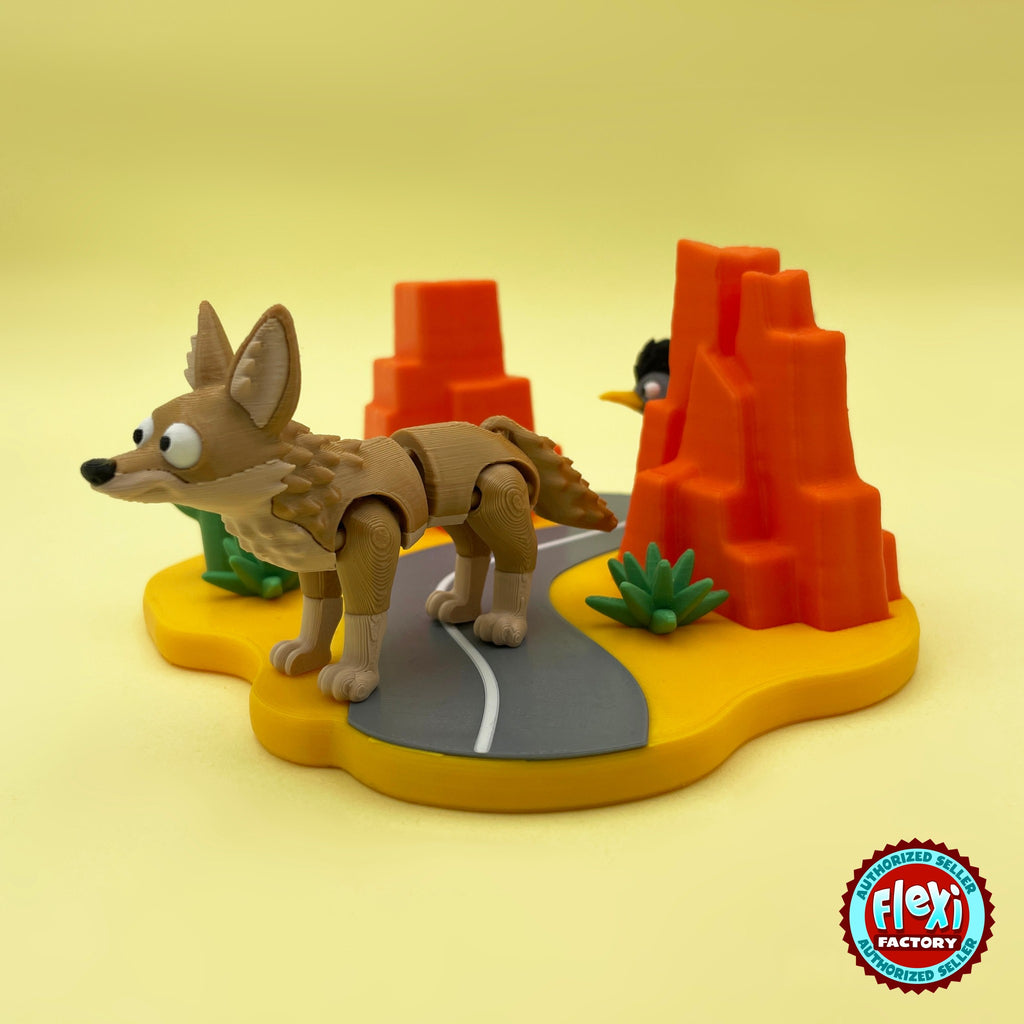 Cute coyote keychain, 3D printed by RU3D – side view on desert highway. Tan brown with desert highway playset.