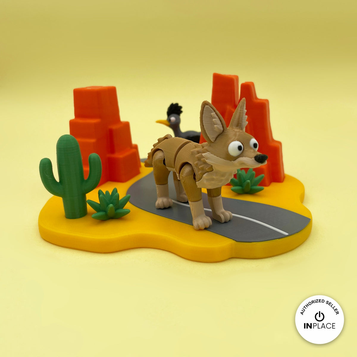 3D printed desert highway platform by RU3D, shown with the Coyote keychain