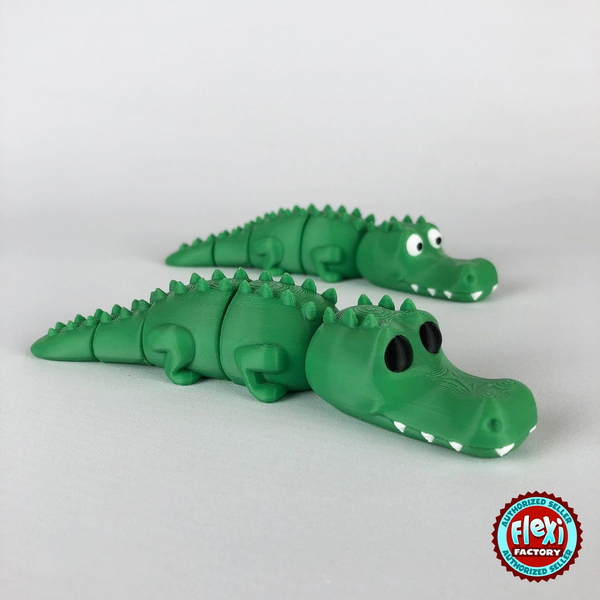 Cute crocodile keychain, 3D printed by RU3D – pair of crocodiles. Green with white teeth.