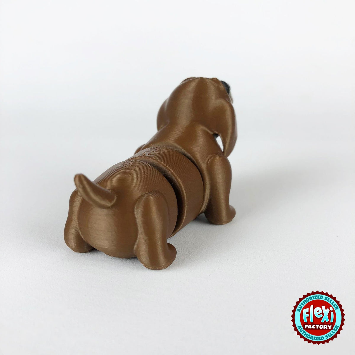 Cute dachshund sausage dog keychain, 3D printed by RU3D – dark eyes rear view. Brown.