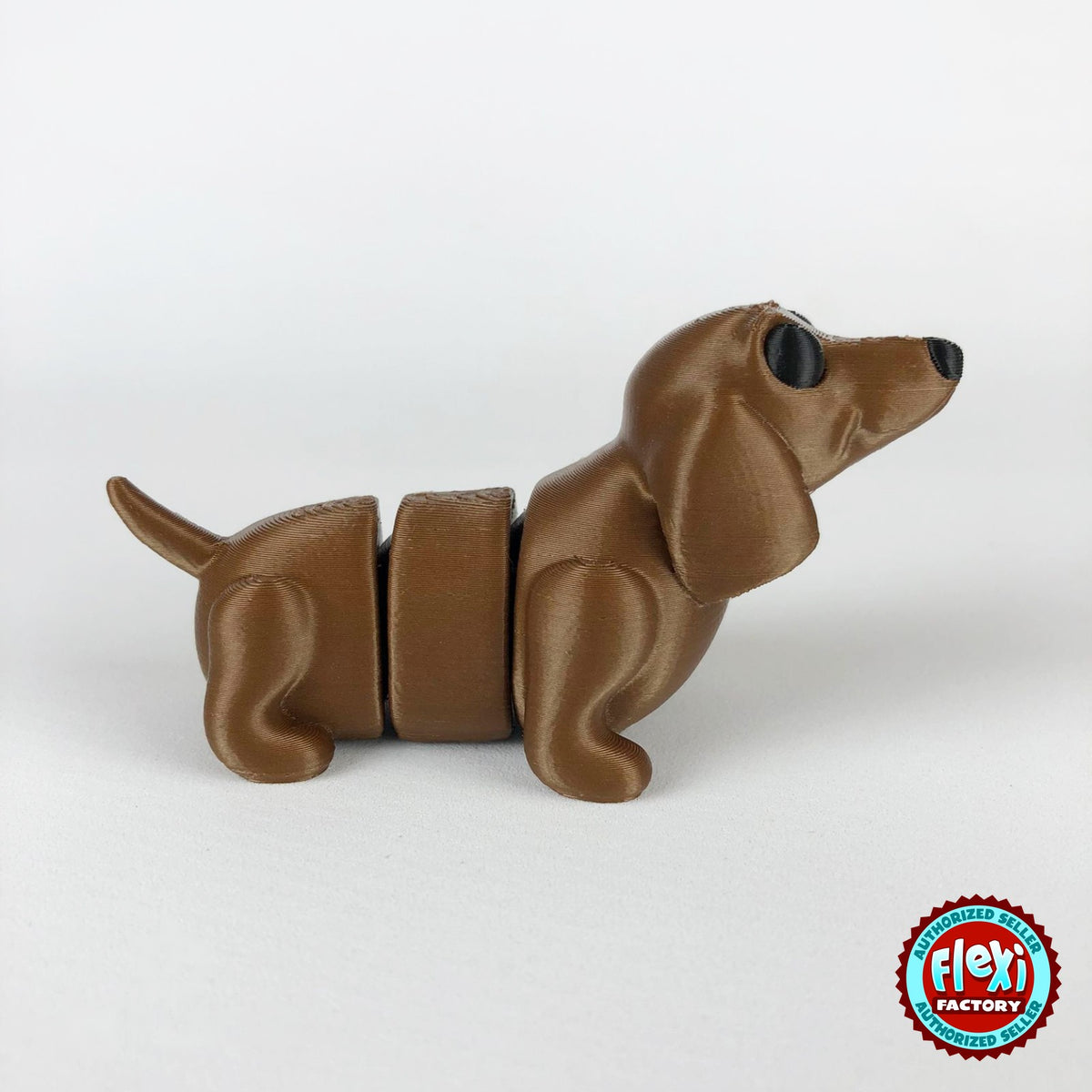 Cute dachshund sausage dog keychain, 3D printed by RU3D – dark eyes side view facing right. Brown.