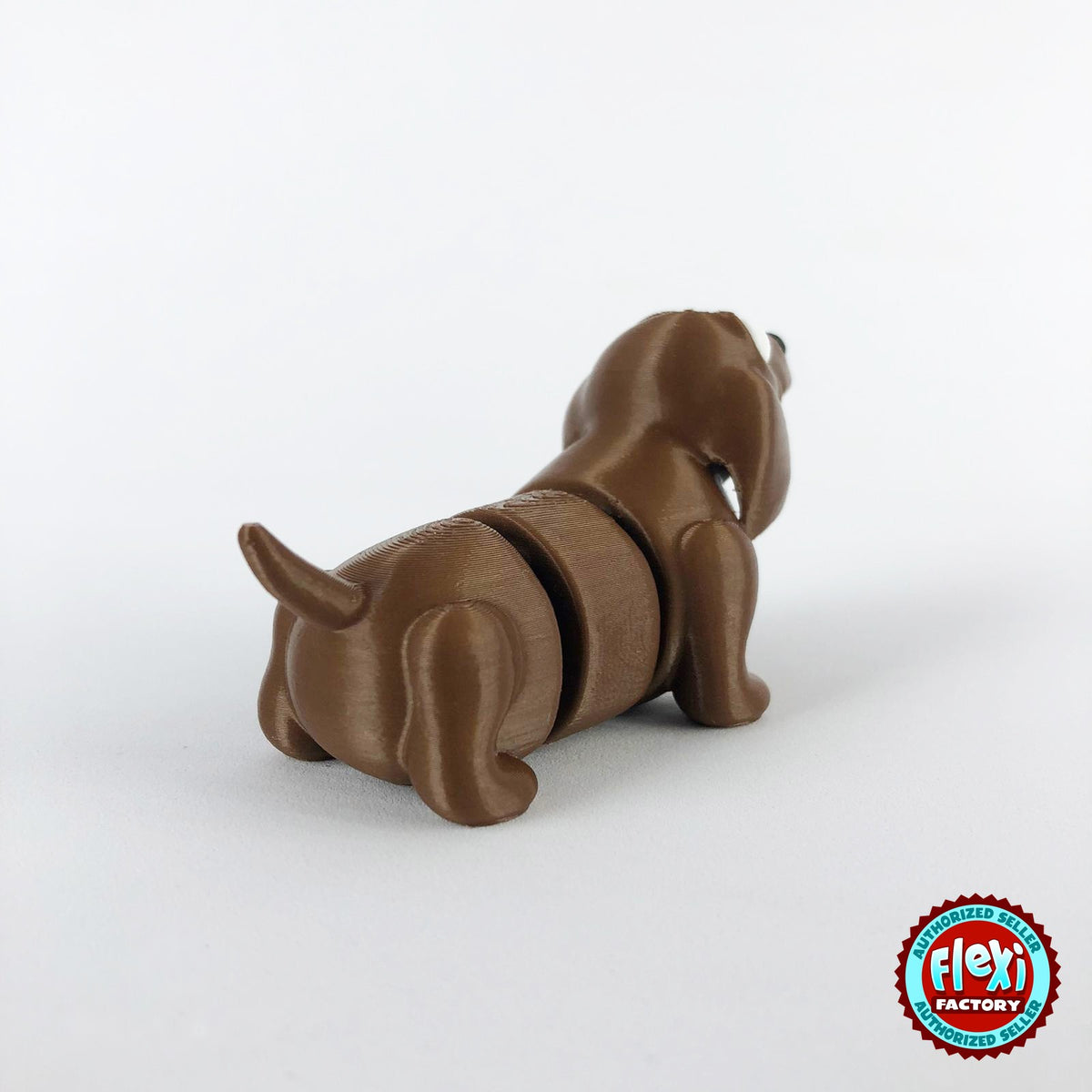 Cute dachshund sausage dog keychain, 3D printed by RU3D – rear three quarter view. Brown.