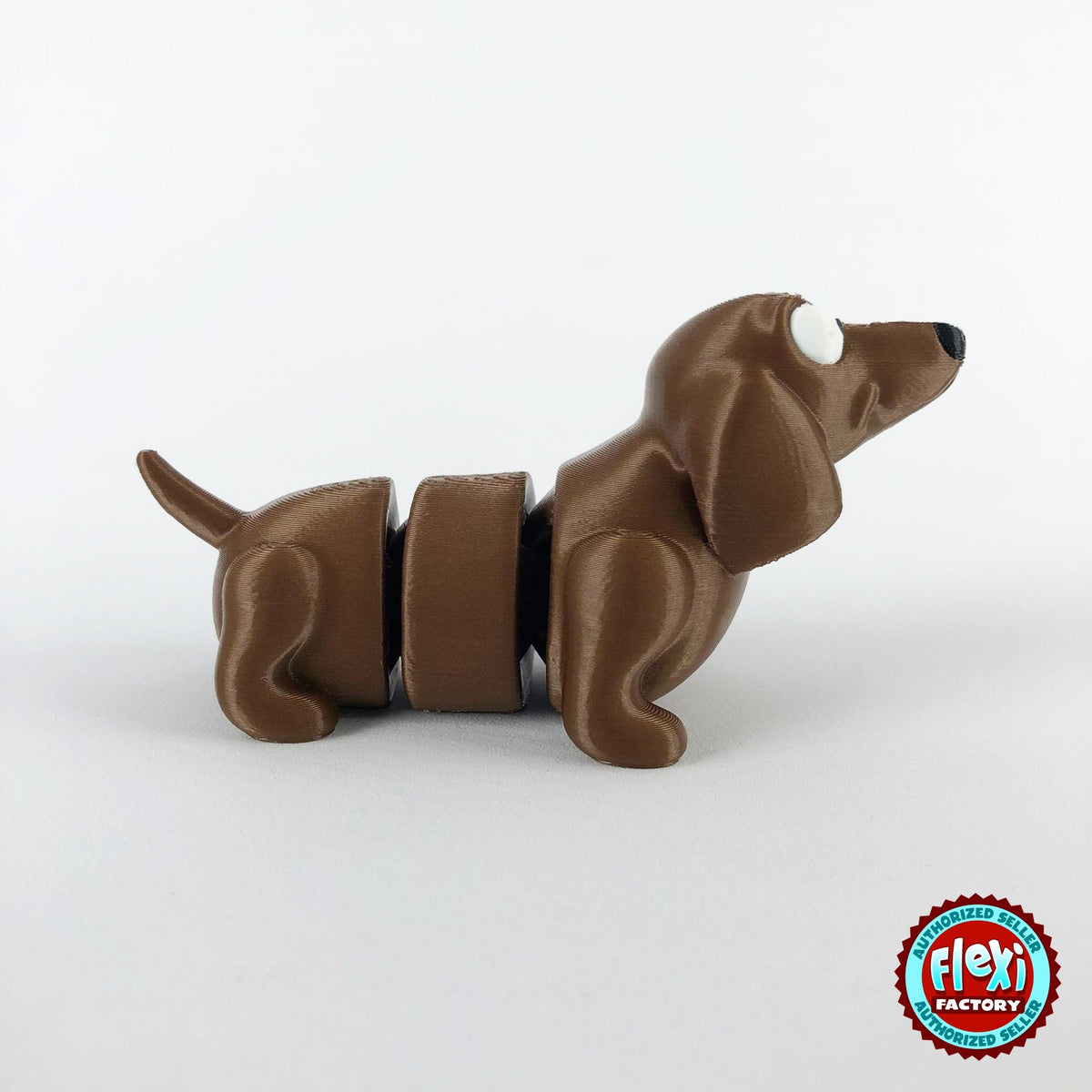 Cute dachshund sausage dog keychain, 3D printed by RU3D – side view facing right. Brown.