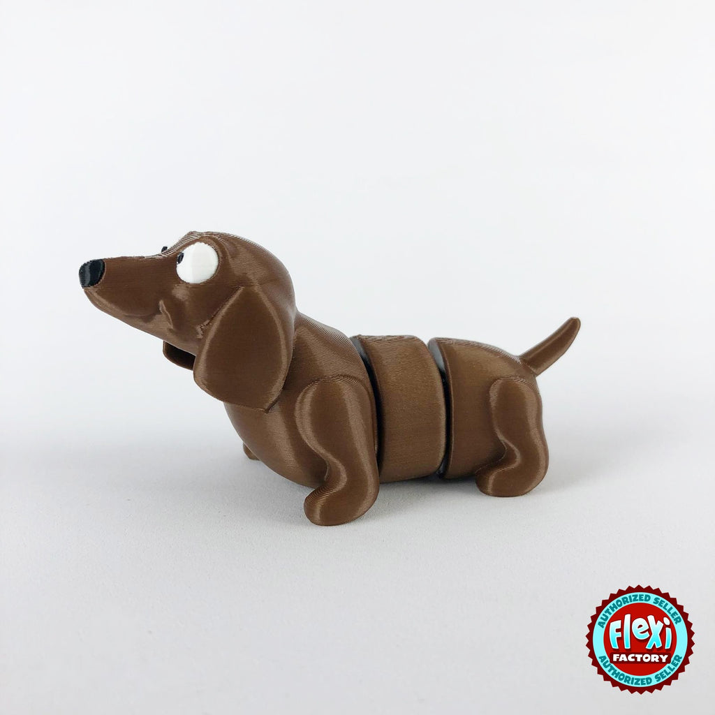 Cute dachshund sausage dog keychain, 3D printed by RU3D – three quarter view facing left. Brown.