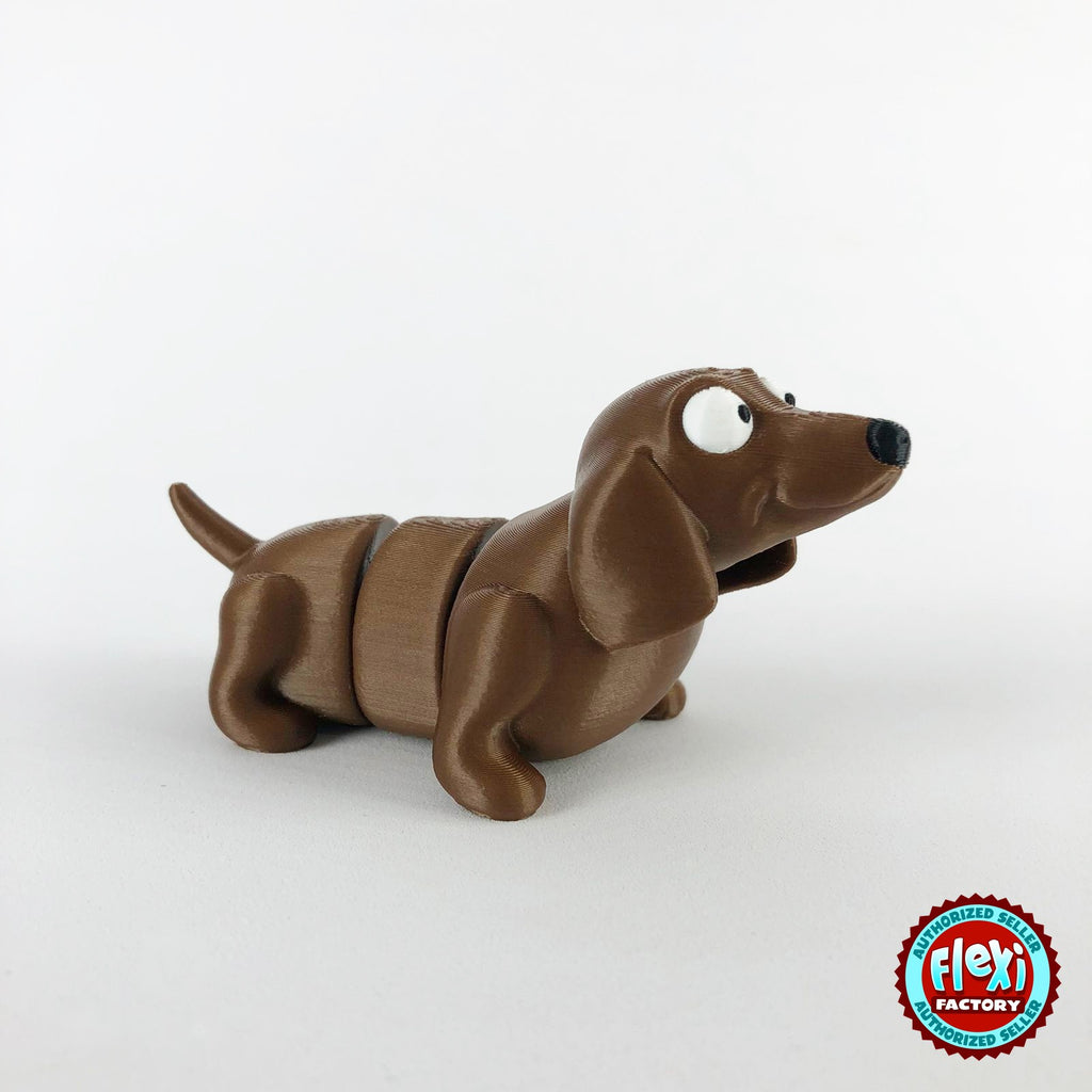 Cute dachshund sausage dog keychain, 3D printed by RU3D – three quarter view facing right. Brown.