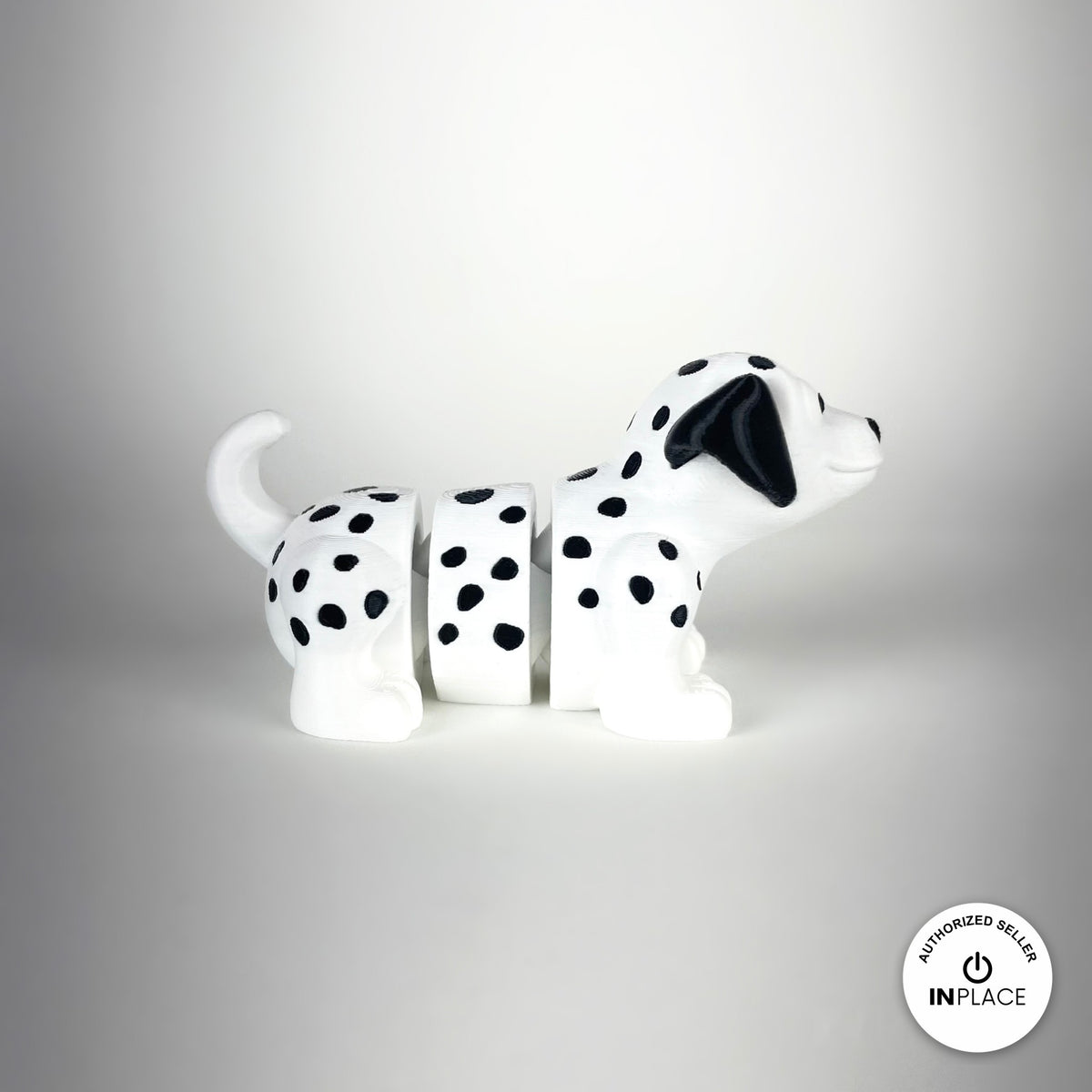 Cute Dalmatian keychain, 3D printed by RU3D – side view facing right. White with black spots.