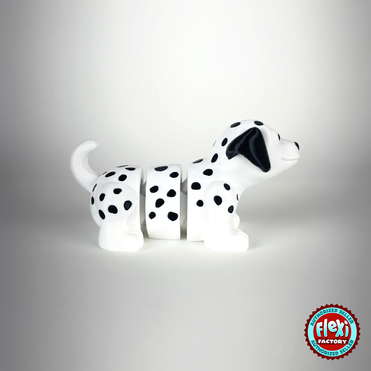 Cute Dalmatian keychain, 3D printed by RU3D – side view facing right. White with black spots.