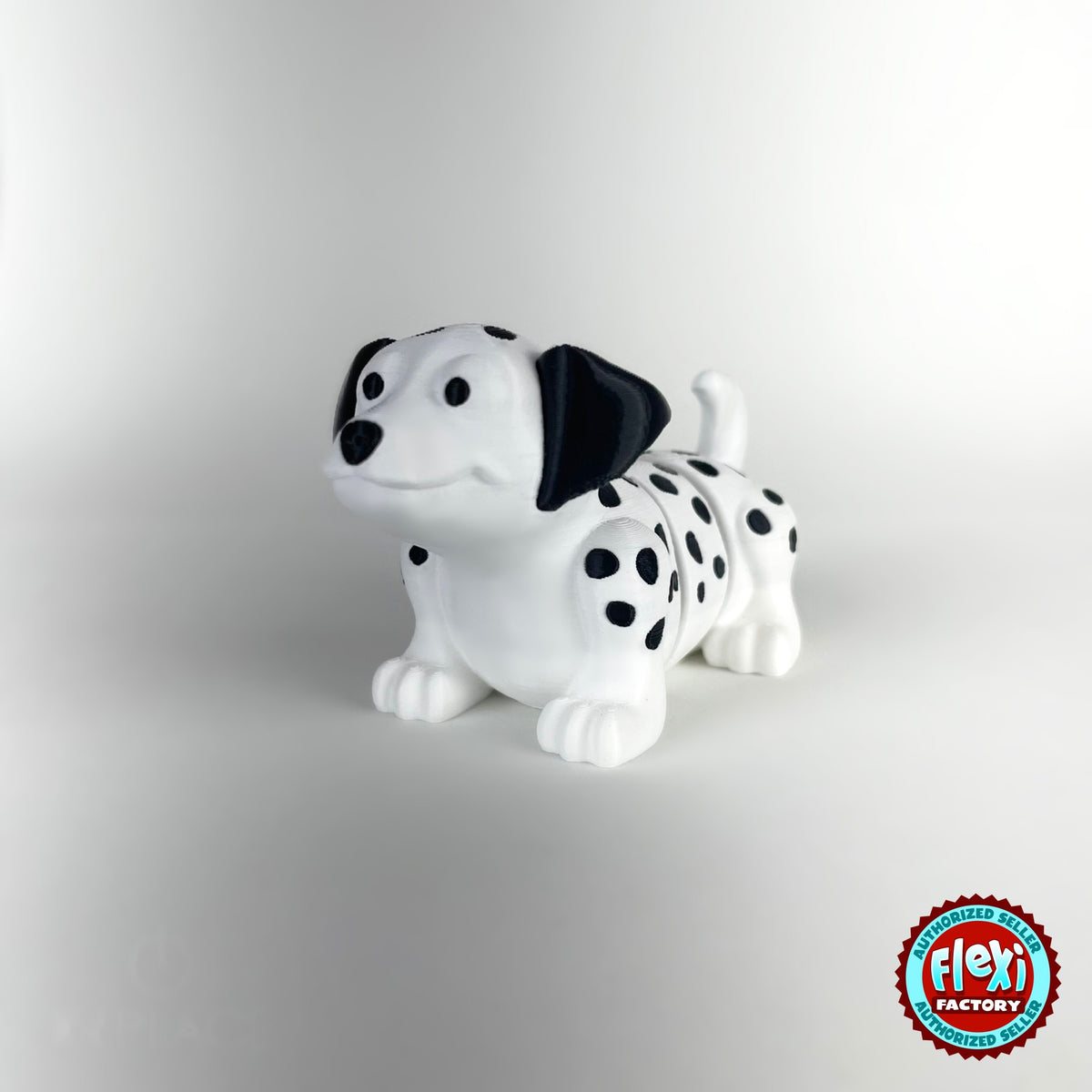 Cute Dalmatian keychain, 3D printed by RU3D – three quarter view facing left. White with black spots.