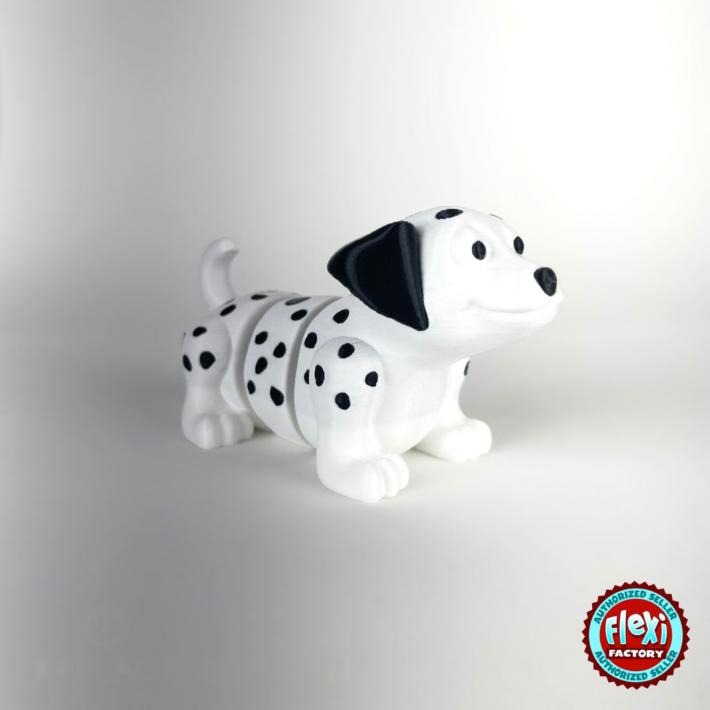 Cute Dalmatian keychain, 3D printed by RU3D – three quarter view facing right. White with black spots.