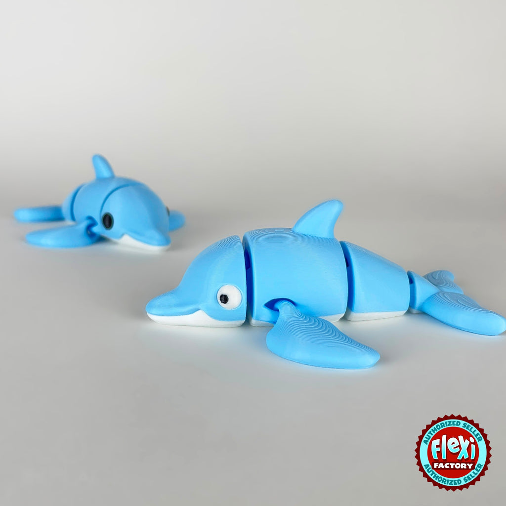 Cute dolphin keychain, 3D printed by RU3D – pair of dolphins swimming left. Sky blue with white belly.