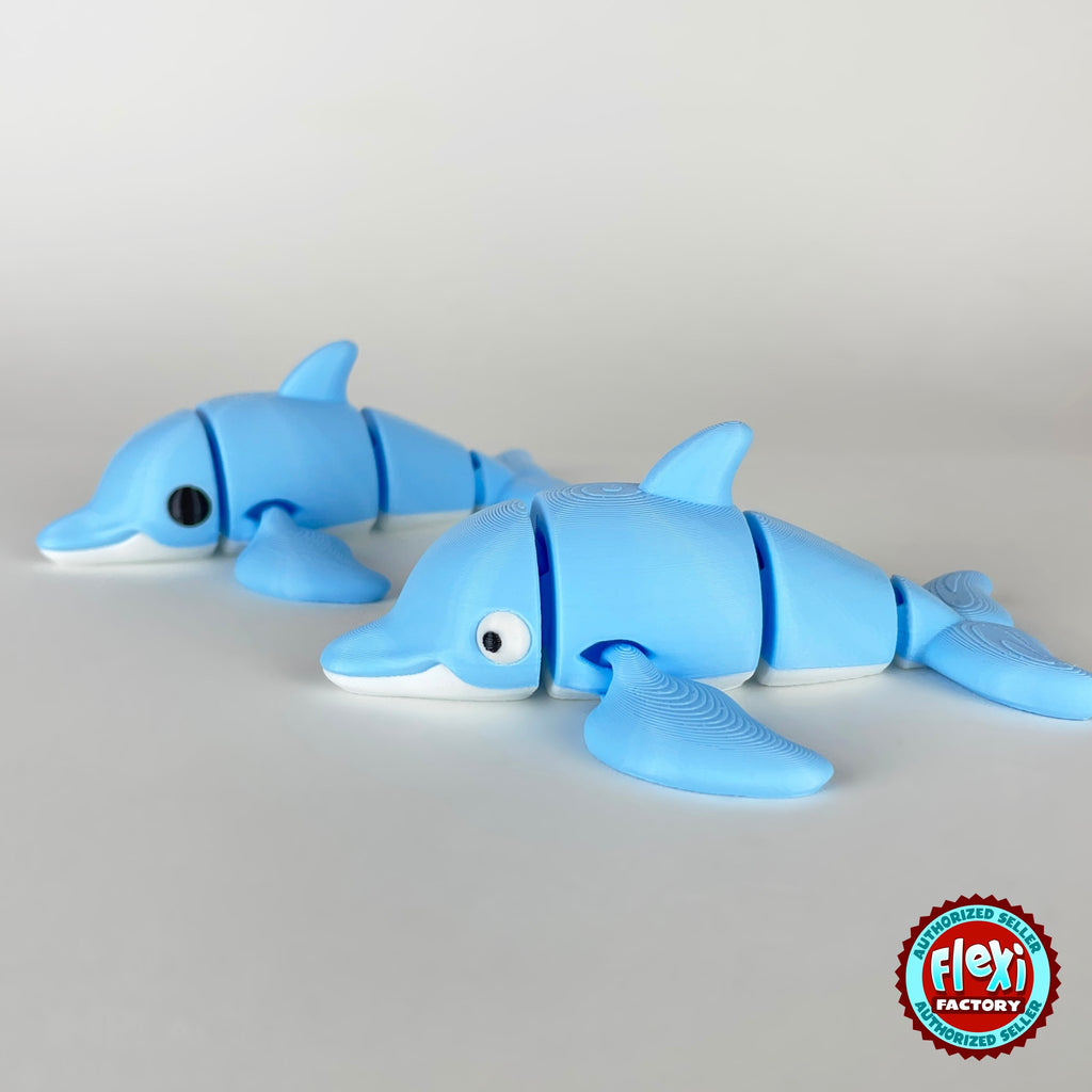 Cute dolphin keychain, 3D printed by RU3D – pair of dolphins. Sky blue with white belly.